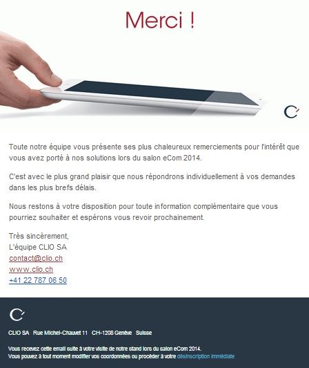 Clio thank-you follow-up email after conference @Mobile Swiss Expo