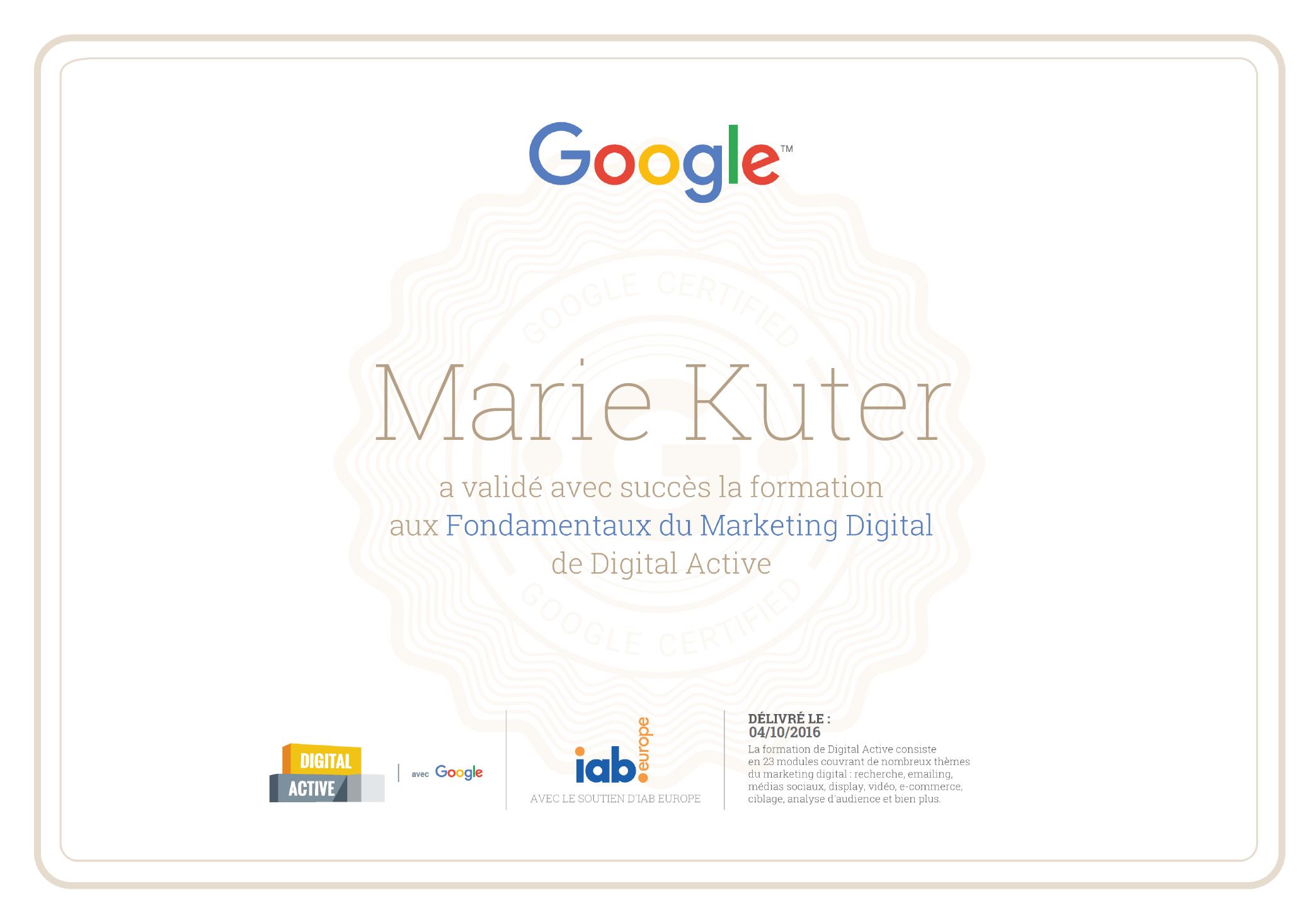 Google Digital Active certification - Marie Kuter